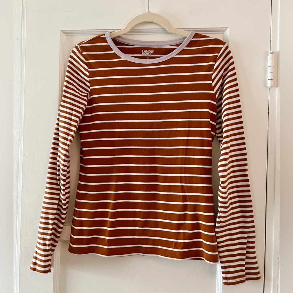 Land’s End women’s striped long sleeve cotton ringer tee brown white lavender